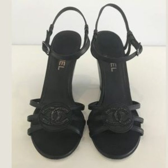 CHANEL BLACK LEATHER WEDGE SANDALS SIZE 8 - Picture 5 of 6